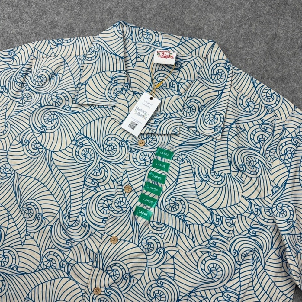 Barefoot In Paradise Shirt Mens Large Blue Wave Hawaiian Aloha Button Up NEW‎